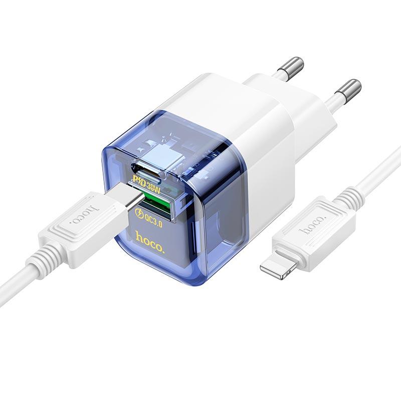 Адаптер мережевий HOCO Type-C to Lightning Cable Platinum dual-port C131A |1USB/1Type-C, 30W/3A, PD/QC| синій
