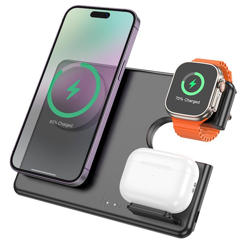 Зарядка Qi HOCO Geek folding 3-in-1 magnetic wireless fast charger CQ1 (iWatch/phone/earphone, 15wqi, 27w Type-C) чорна