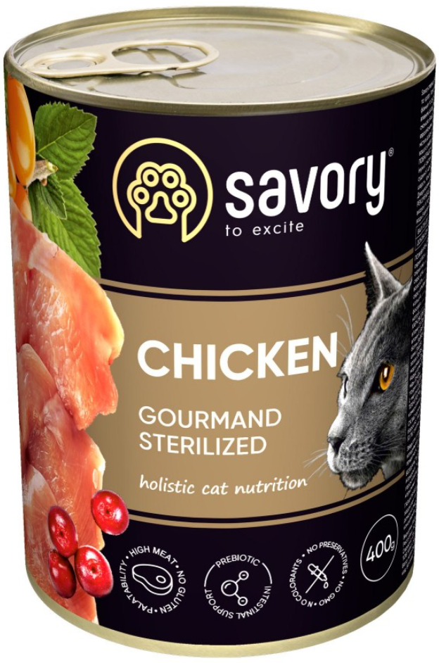 Вологий корм Savory для стерилізованих котів, з куркою, 400 г, фото 1