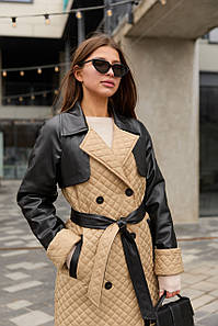 Комбінований стьобаний весняний плащ двобортний з розкішним англійським коміром на поясі беж із чорним