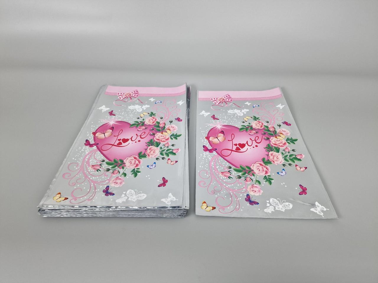Пакет з малюнком для пакування подарунків (20*35) No422 (1) фольгований "Любов" (100 шт.), фото 1