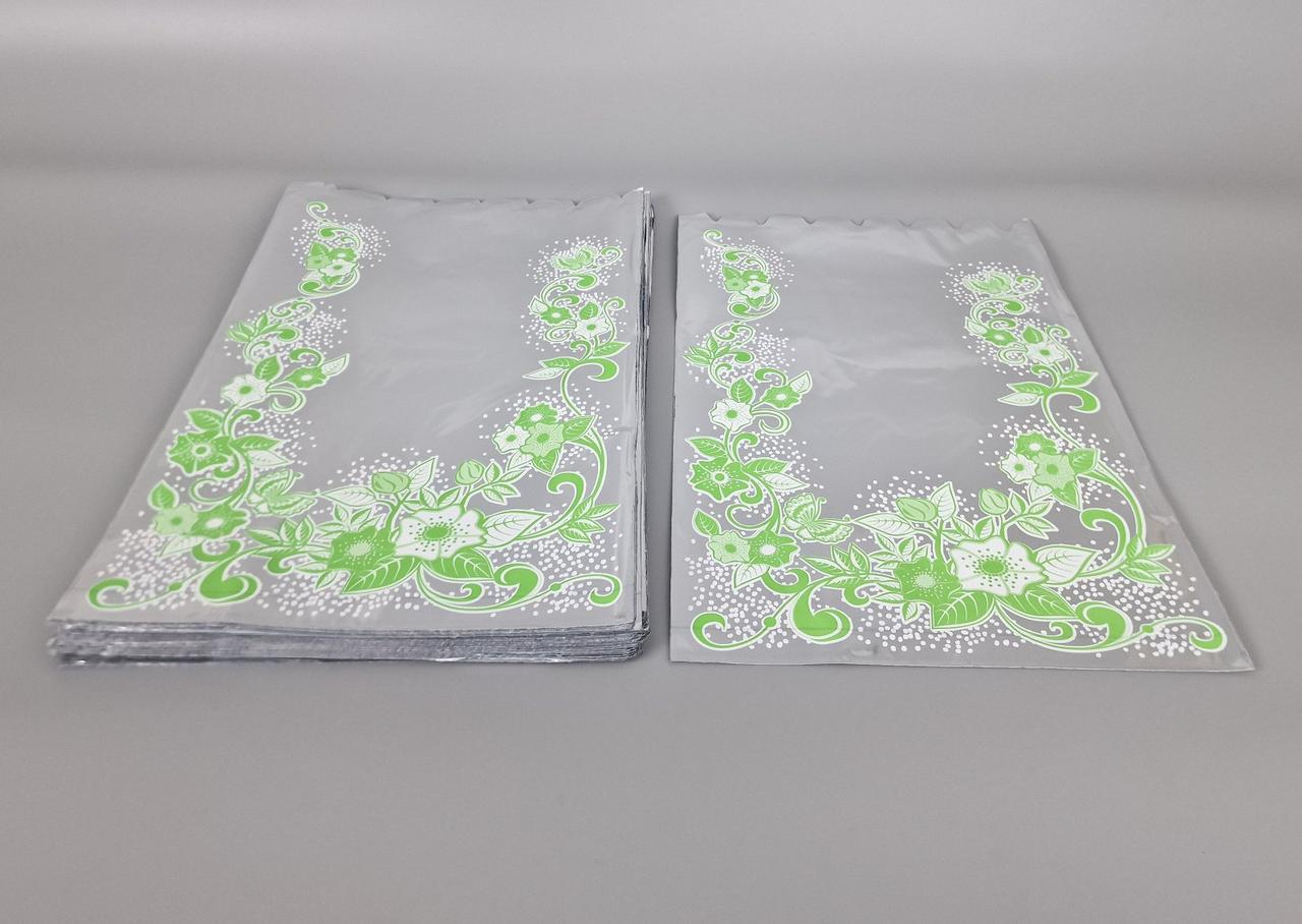 Пакет із малюнком для пакування подарунків (25*40) No427 (2) фольгований (ажурний) "Зелений візерунок" (100 шт.), фото 1