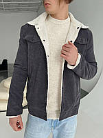 Вельветовый теплый мужской пиджак цвета графит на белом меху, комфортный весенний темно серый пиджак