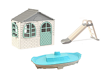 НАБІР Дитячий ігровий пластиковий будиночок зі шторками, дитяча пластикова гірка та пісочниця ТМ Doloni