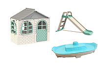 НАБІР Дитячий ігровий пластиковий будиночок зі шторками, дитяча пластикова гірка та пісочниця ТМ Doloni
