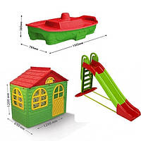 НАБІР Дитячий ігровий пластиковий будиночок зі шторками, велика пластикова гірка та пісочниця ТМ Doloni