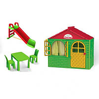 НАБОР Детский игровой пластиковый домик со шторками, пластиковая горка и столик со стульчиками ТМ Doloni