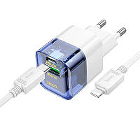 Адаптер сетевой HOCO Type-C to Lightning Cable Platinum dual-port C131A |1USB/1Type-C, 30W/3A, PD/QC| синий