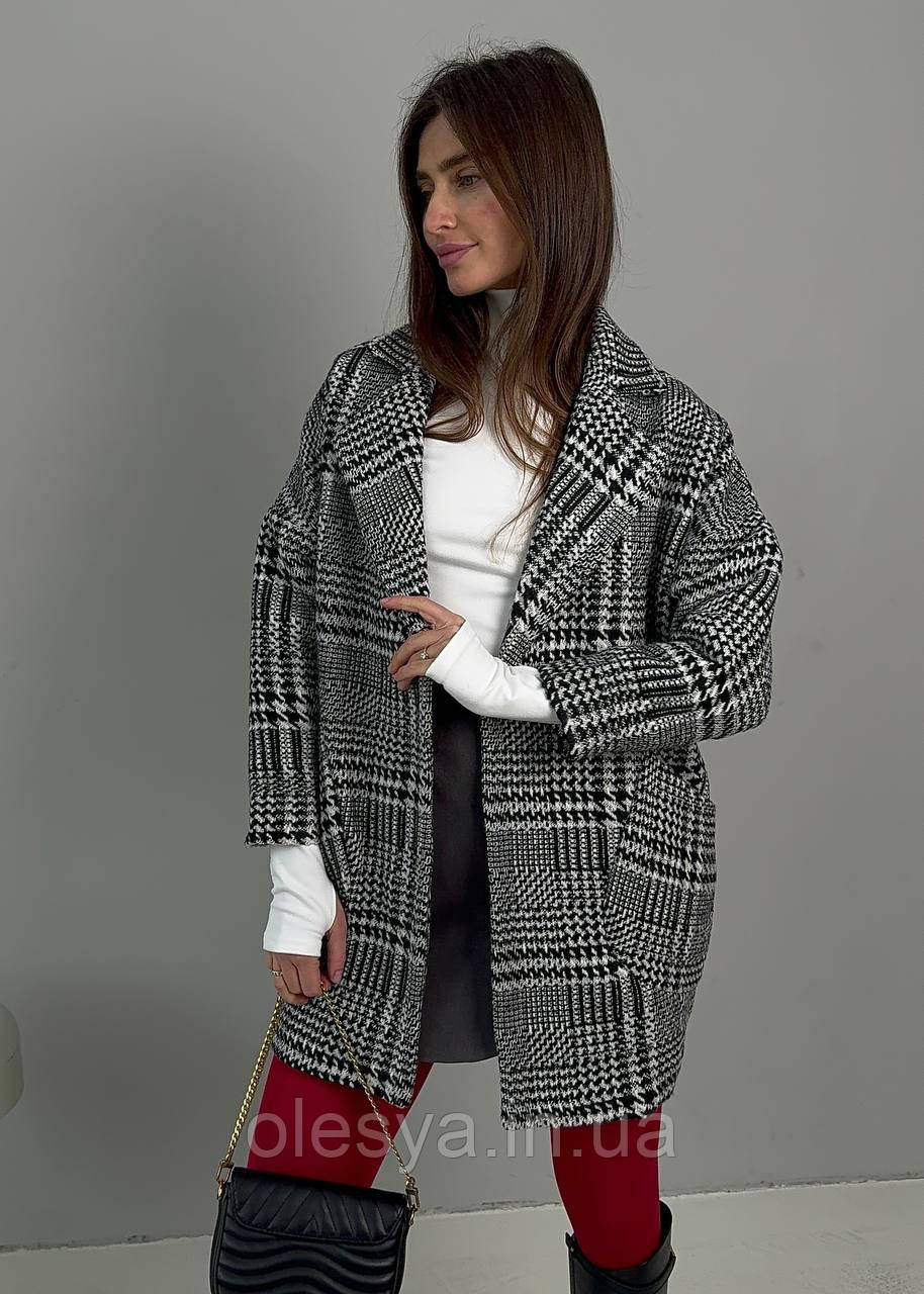 Жіноче тепле вовняне вільне сіре пальто в карту на підкладці весна-осінь розмір 42-48, фото 1