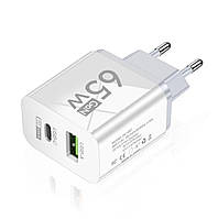 Адаптер блок живлення швидка зарядка GAN 65W Quick Charger White PD 3.0, QC 3.0 (1*USB Type A, 1* USB Type C)