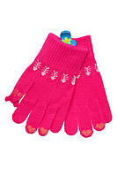 Перчатки для девочки вязка с сердечками ярко-розовые