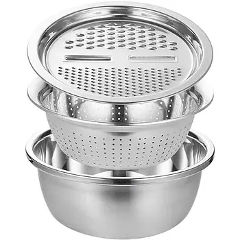 Багатофункціональний кухонний набір з нержавіючої сталі 3 в 1 Metal Basket Cutter Миска друшляк і тертка