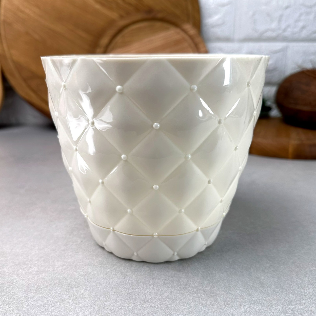 Квітковий горщик з піддоном 0,75л Бусинки Молочний 435-7 Elif Plastik