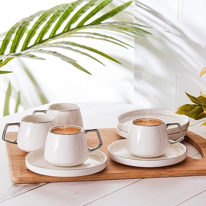 Набір кавових чашок Karaca Saturn із 6, 6 порцелянових чашок для кави, чашок для еспресо з блюдцями, білого порцелянового дизайну