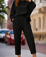 Чёрный женский базовый однотонный повседневный костюм из двухнитки:Кофта в стиле оверсайз и Брюки с карманами