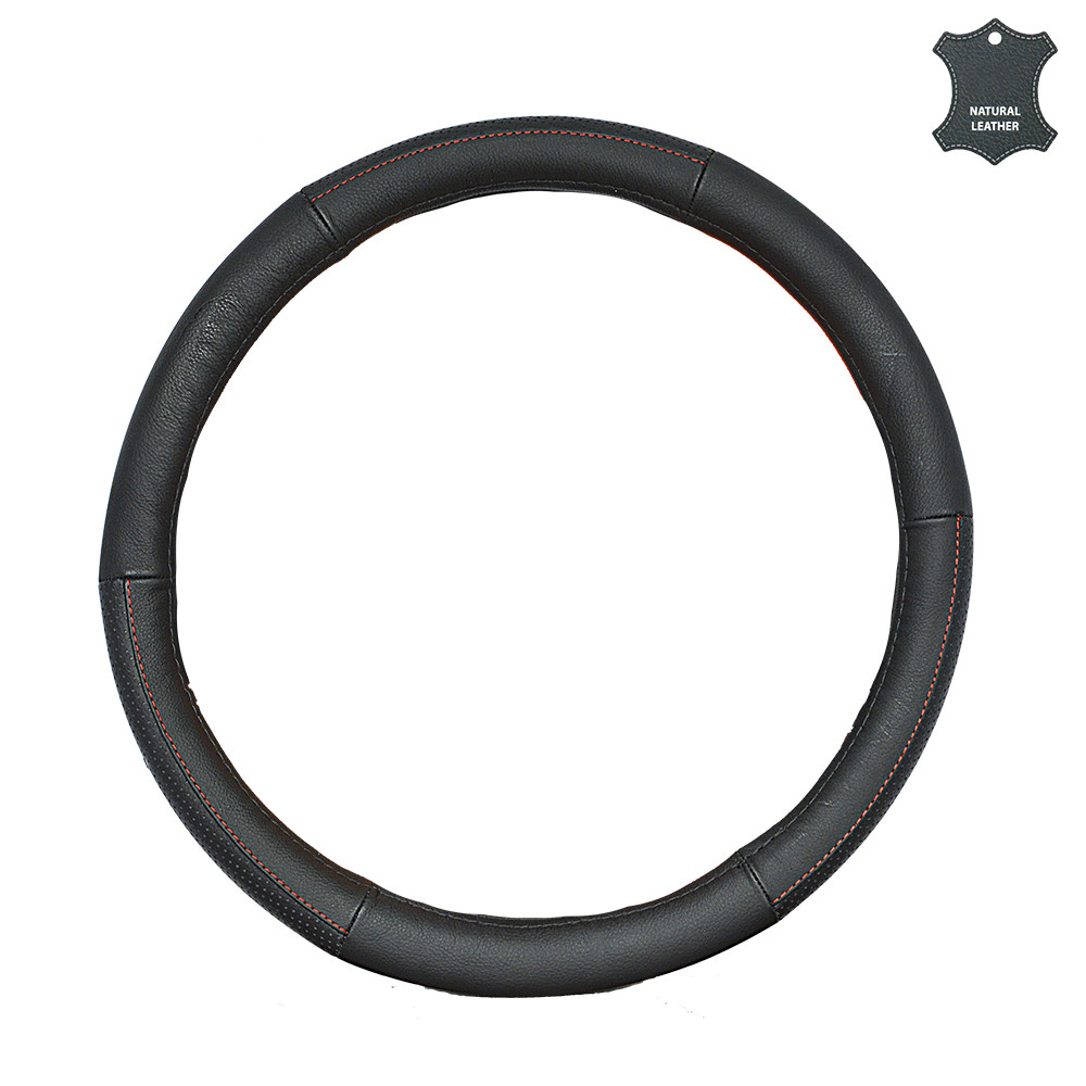 Чохол на кермо 40см L шкіряний чорний з перфорацією і червоною ниткою Elegant Plus EL 105 657, фото 1