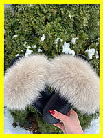 Жіночі літні тапки з хутром 36 розмір сірі, жіночі шльопанці з натуральним хутром вулиці тапки