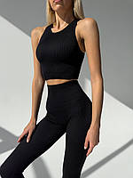 Фитнес костюм в рубчик черный, спортивные лосины с топом, женский комплект рубчик для тренировок