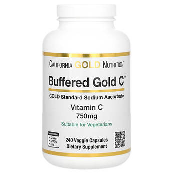 Аскорбат натрію 750 мг California Gold Nutrition Буферизований вітамін C 240 рослинних капсул