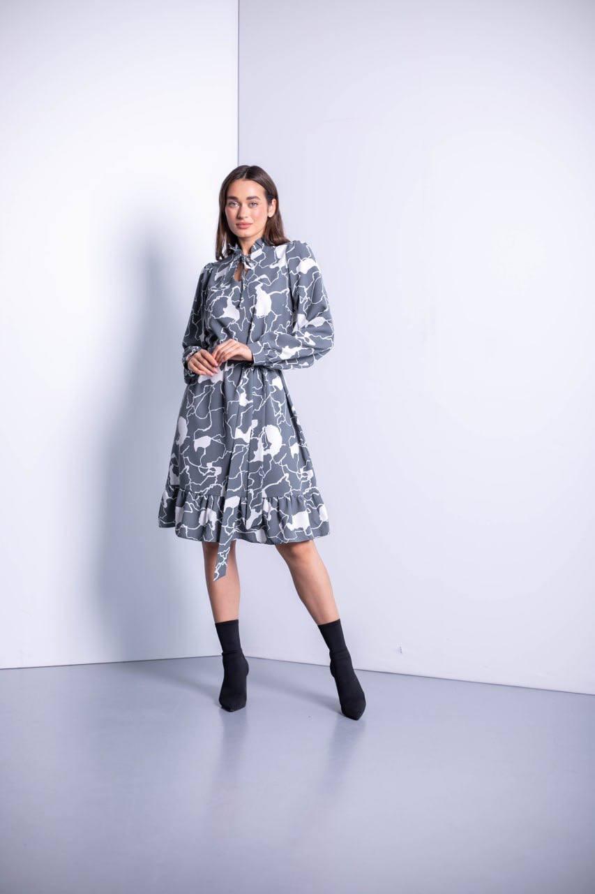 Сукня молодіжна сірого кольору із зав'язкою на горловині розміри від 44 по 54