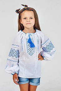 Дитяча вишиванка на дівчинку з блакитним орнаментом із синьою вишивкою