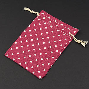 Мешочек подарочный прямоугольный лён тканевой розовый горох размер 10/14 см с затяжками в упаковке 50 штук
