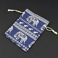 Мішечок подарунковий прямокутний льон тканинної синій слони розмір 10/14 см із затяжками в пакованні 50 штук