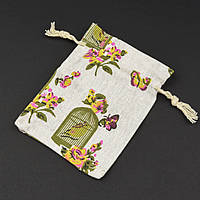 Мішечок подарунковий прямокутний льон тканинної бежевої квіточки розмір 10/14 см із затяжками в пакованні 50 штук