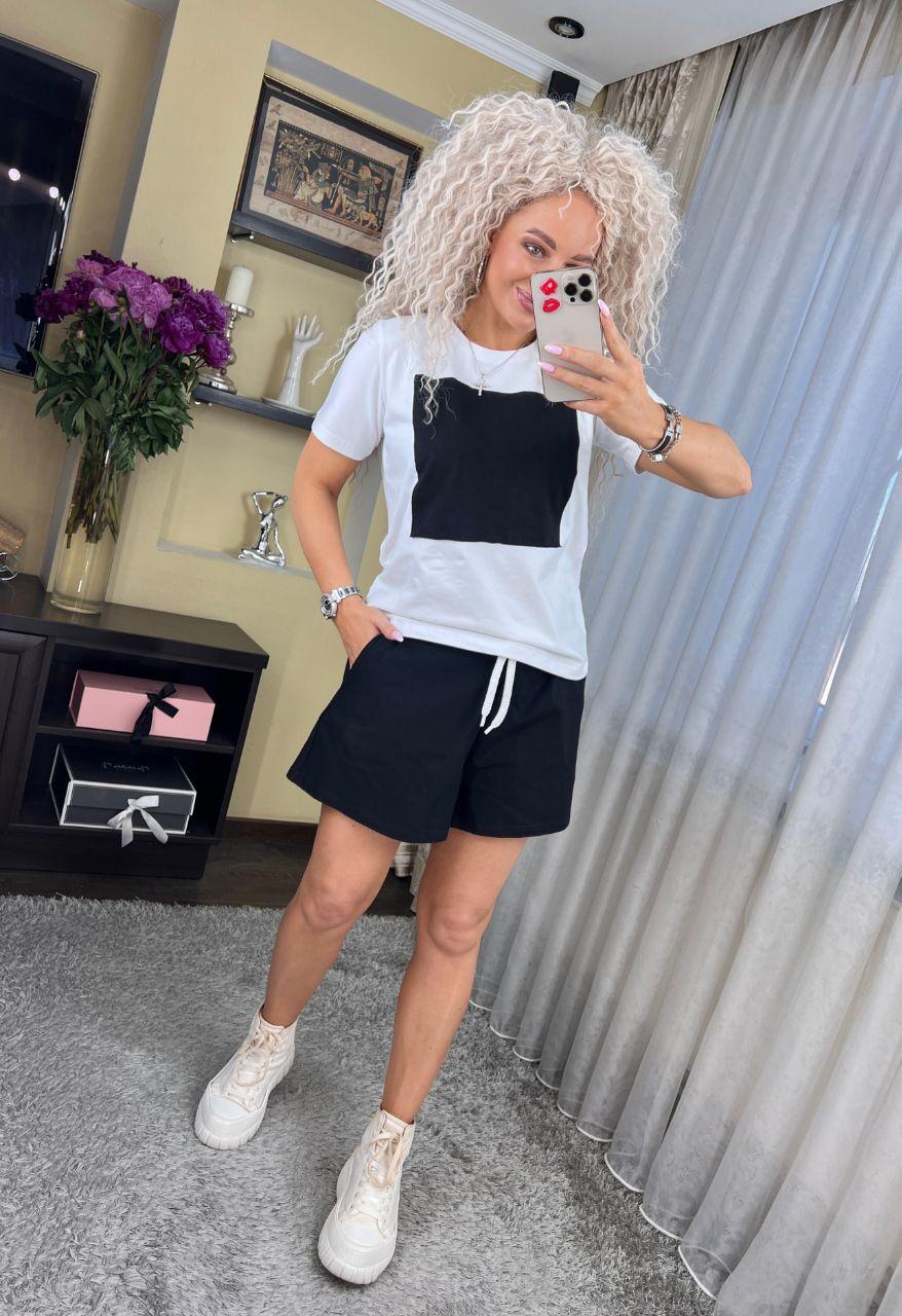 Модний жіночий літній костюм/комплект "Квадрат" - футболка, шорти (Розмір S,M), Чорний