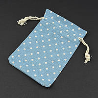 Мішечок подарунковий прямокутний льон тканинний блакитний горох розмір 10/14 см із затяжками в пакованні 50 штук