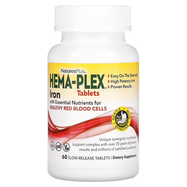 Nature's Plus Hema-Plex, Iron with Essential Nutrients for Healthy Red Blood Cells 60 tabs