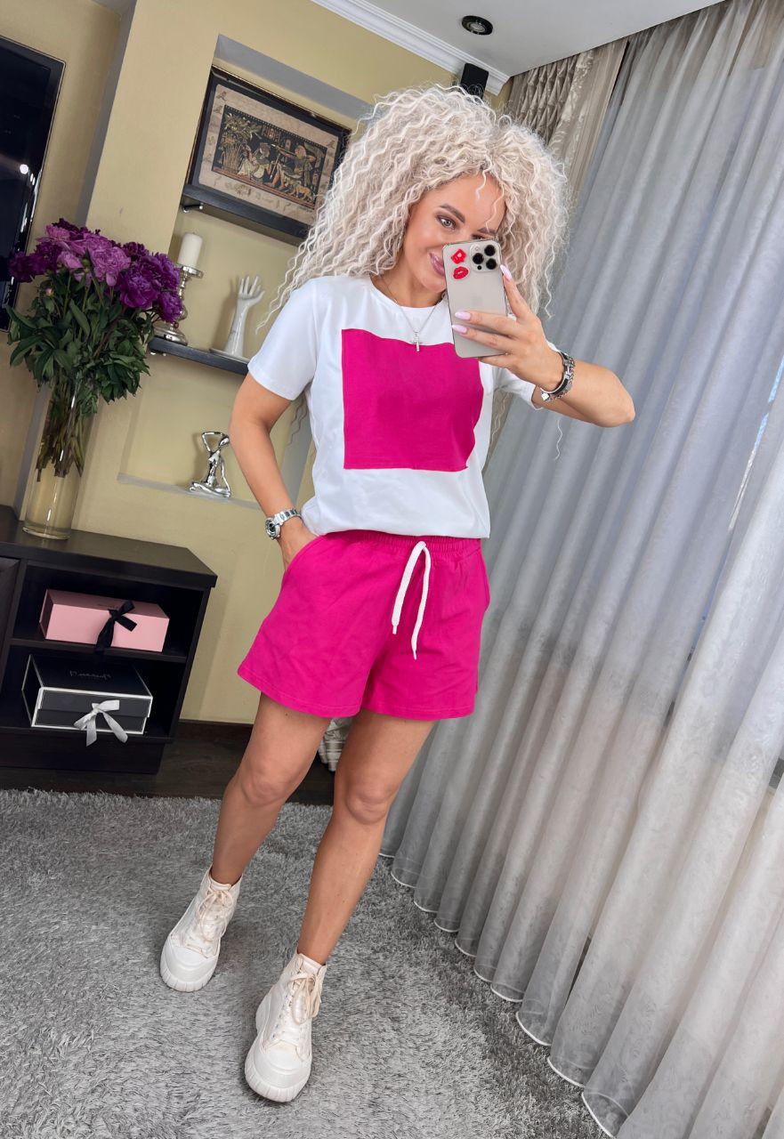 Модний жіночий літній костюм/комплект "Квадрат" - футболка, шорти (Розмір S,M,L), Фуксія, фото 1
