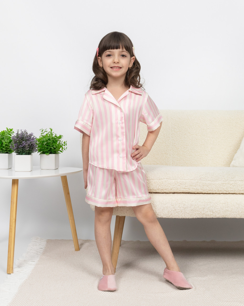 Пижама детская домашняя шелковая рубашка со шортами Розовая полоска - фото 1 - id-p2125797207