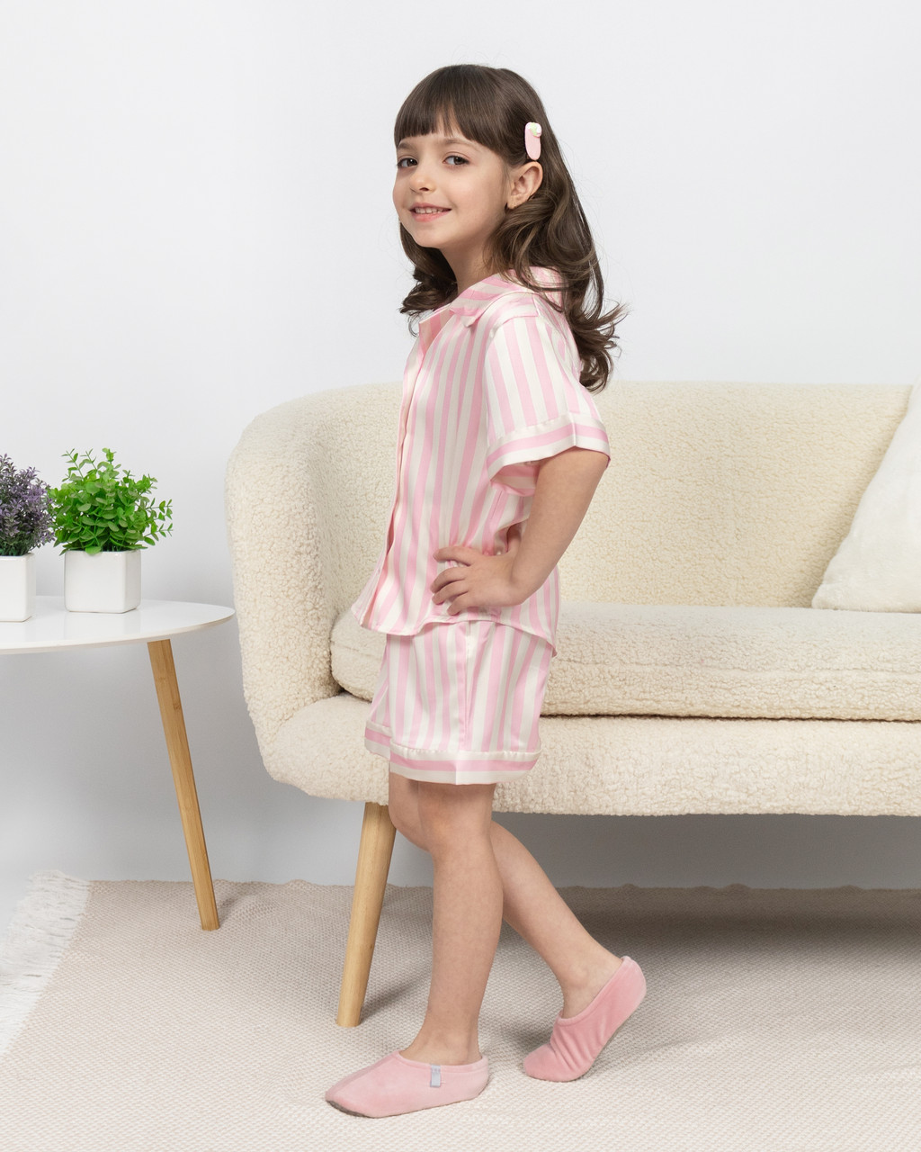 Пижама детская домашняя шелковая рубашка со шортами Розовая полоска - фото 2 - id-p2125797207