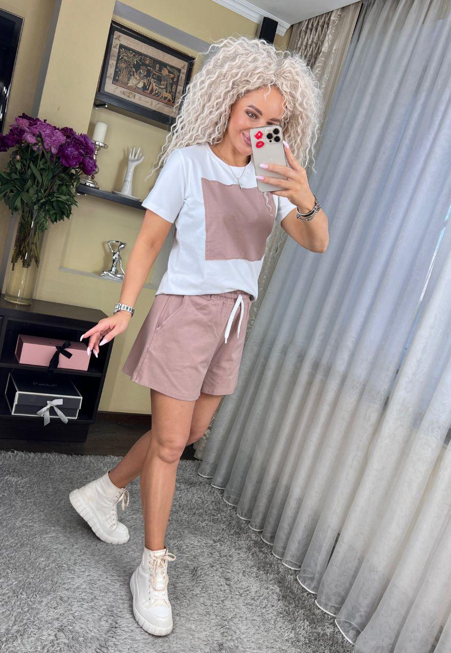 Модний жіночий літній костюм/комплект "Квадрат" - футболка, шорти (Розмір S,M,L), Мокко, фото 1