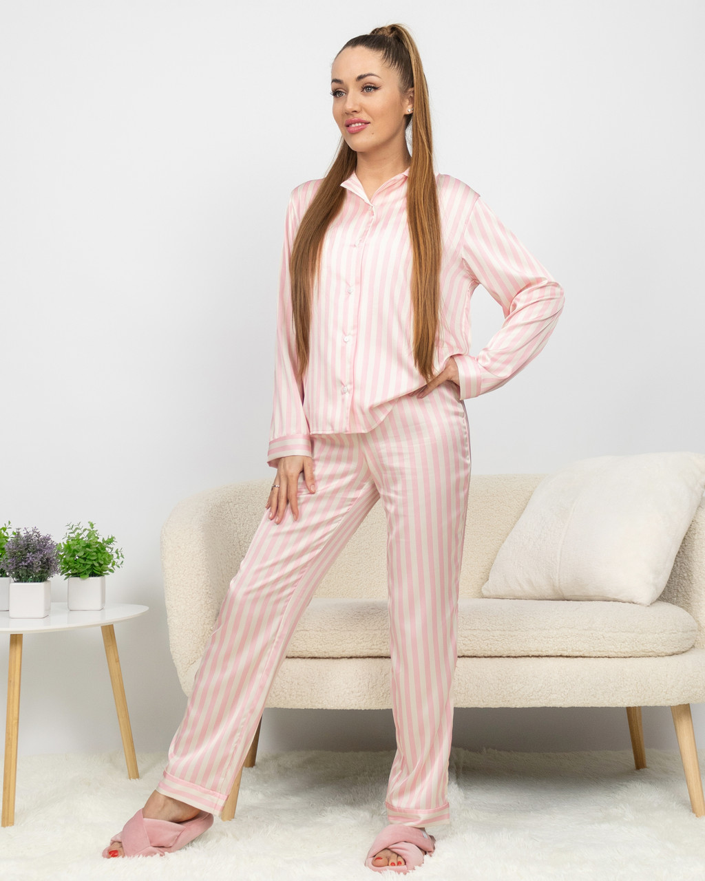 Піжама жіноча костюм домашній з шовку Армані сорочка зі штанами Рожева смужка