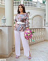 Костюм брючный женский классический нарядный блузка-туника и прямые брюки на резинке больших размеров