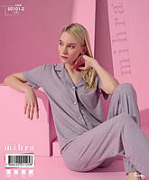 Серая женская пижама в горошек рубашка и брюки с вискозы костюм пижамный Toyvoo Сіра піжама жіноча в горошок
