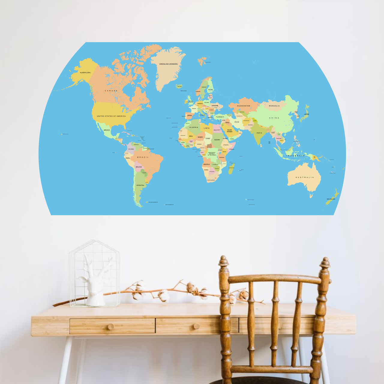 Вінілова інтер'єрна наклейка кольорова декор на стіну "Карта світу англійською мовою без терористів" з оракалу