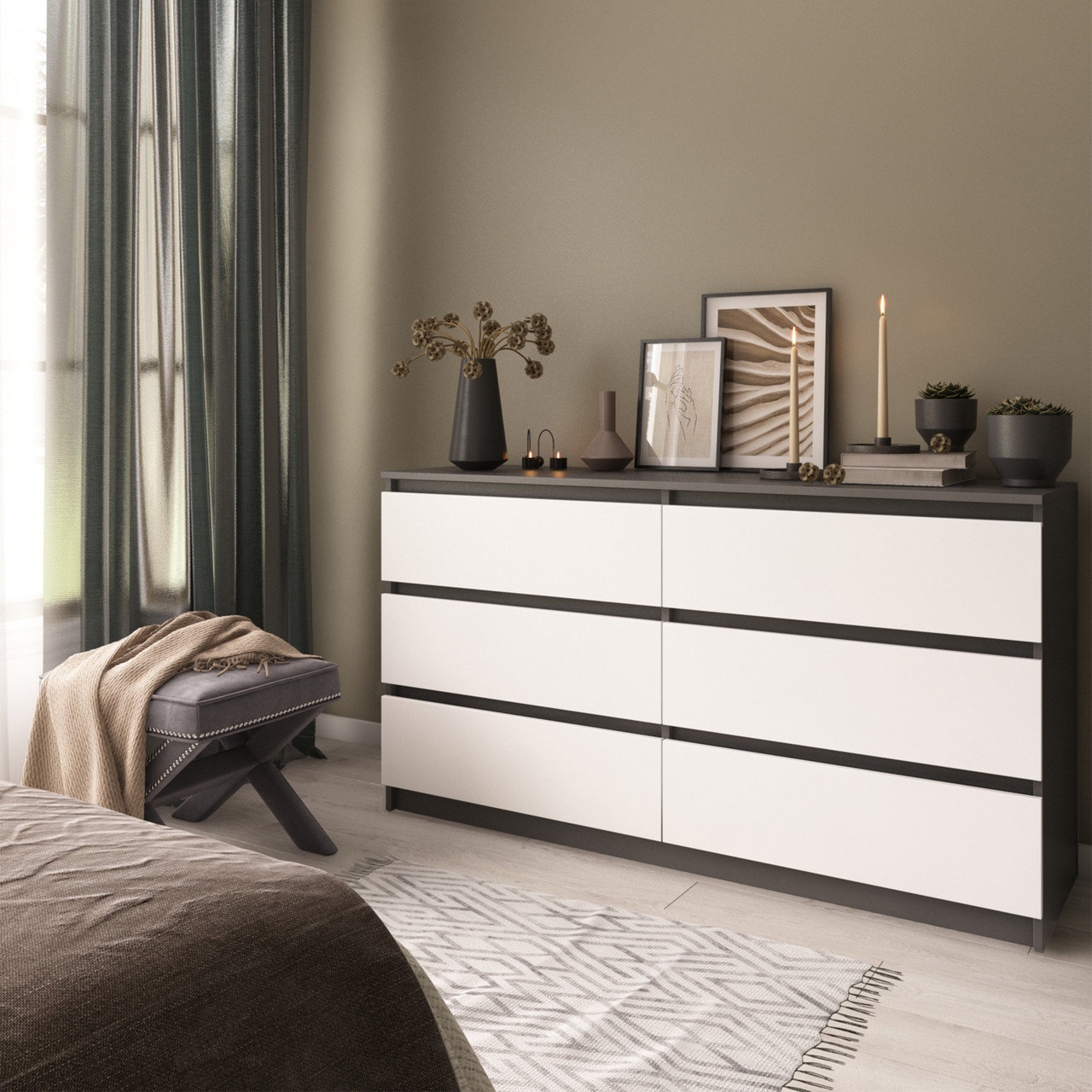 Комод у кольорі антрацит (сірий) з білим фасадом 6 ящиків для спальні 140*75*40 см, фото 1