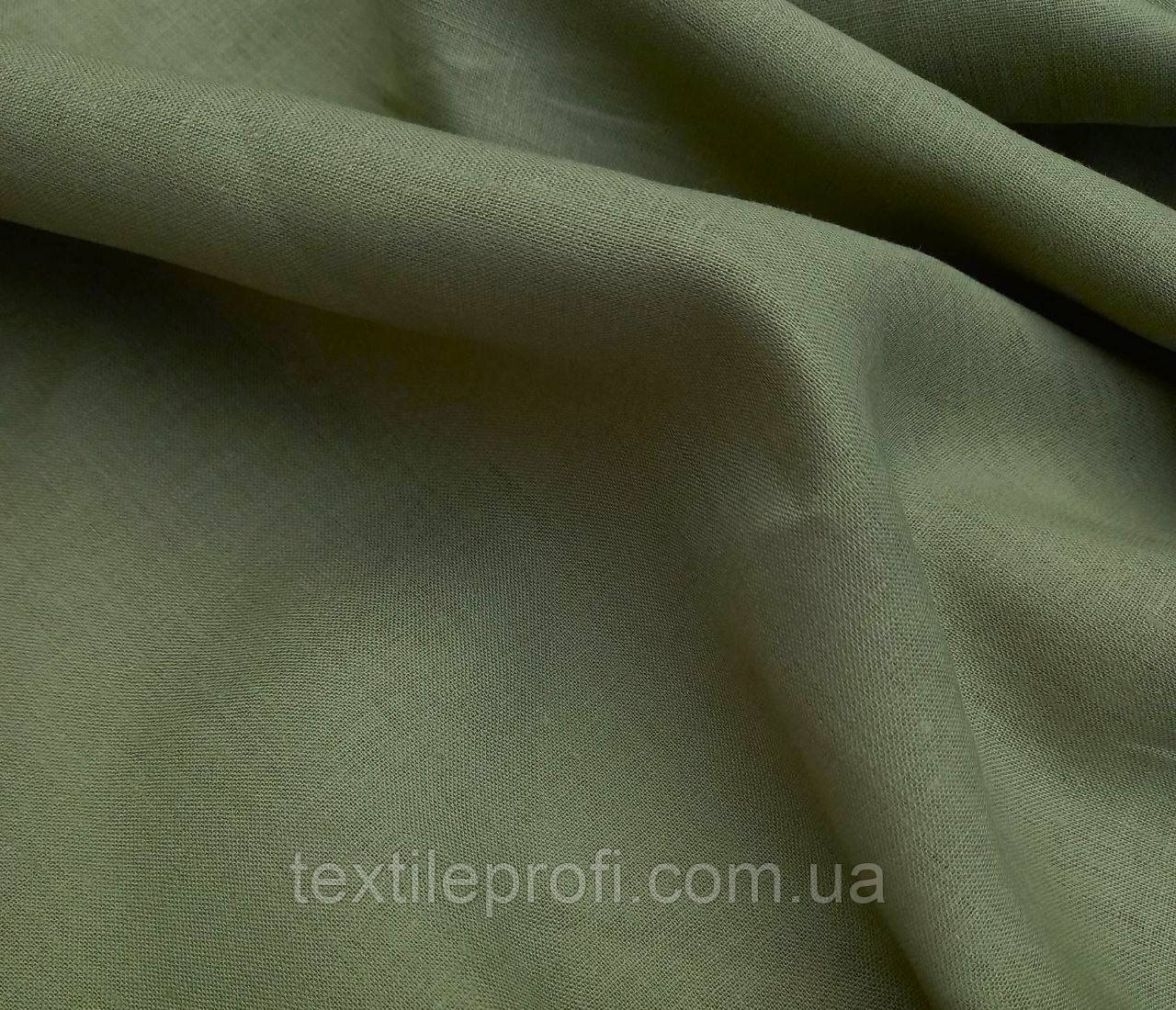 Льняна легка тканина зелено-оливкового кольору