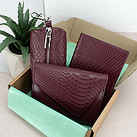 Подарочный женский набор №89: кошелек Sabrina + обложка на паспорт + ключница (бордовый питон)