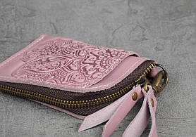 Міні-гаманець кардхолдер на блискавці "Квіти", натуральна шкіра, бузкового кольору, 12х9 см