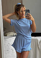 Женский милый домашний костюм/пижама - футболка, шорты, резинка для волос турецкий рубчик, разные цвета Голубой, 42/44
