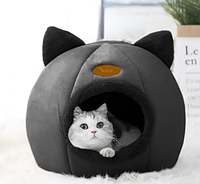 Лежанка Домик с подушкой для кошки черный, круглый плюш Purlov Польша