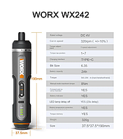 Аккумуляторная отвертка Worx WX242 с насадками в кейсе