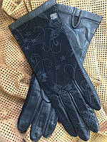 Женские кожаные перчатки без подкладки из натуральной кожи козы с гипюровой вставкой
