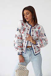 Жіноча вишиванка піджак, накидка білого кольору із різнокольоровою вишивкою