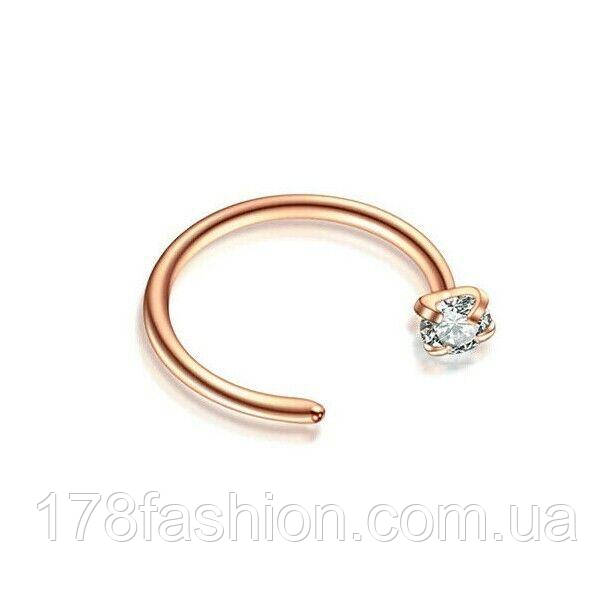 Сережка для пірсингу носа півкільце з прозорим камінчиком під рожеве золото, фото 1