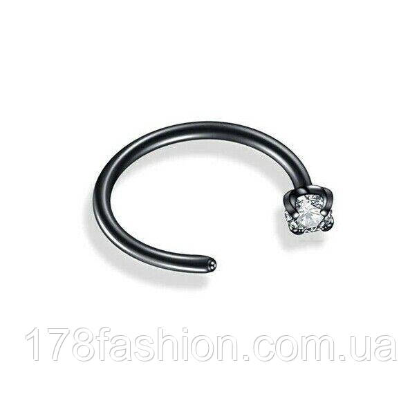 Сережка для пірсингу носа напівкільце чорне з прозорим камінчиком, фото 1